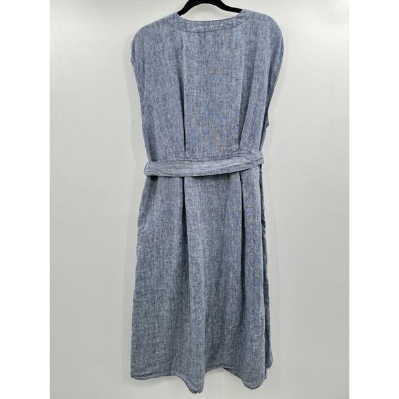 Lands' End 100% Linen Midi Shirt Dress Sz L (14-16) Chambray Blue Pockets Beachy - Picture 2 of 12